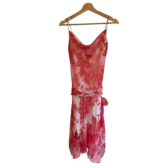 Y2K B. Smart Pink Floral Chiffon Dress Cowl Neck, Scarf‑Hem, Bow Tie Waist 9/10 - Picture 1 of 13